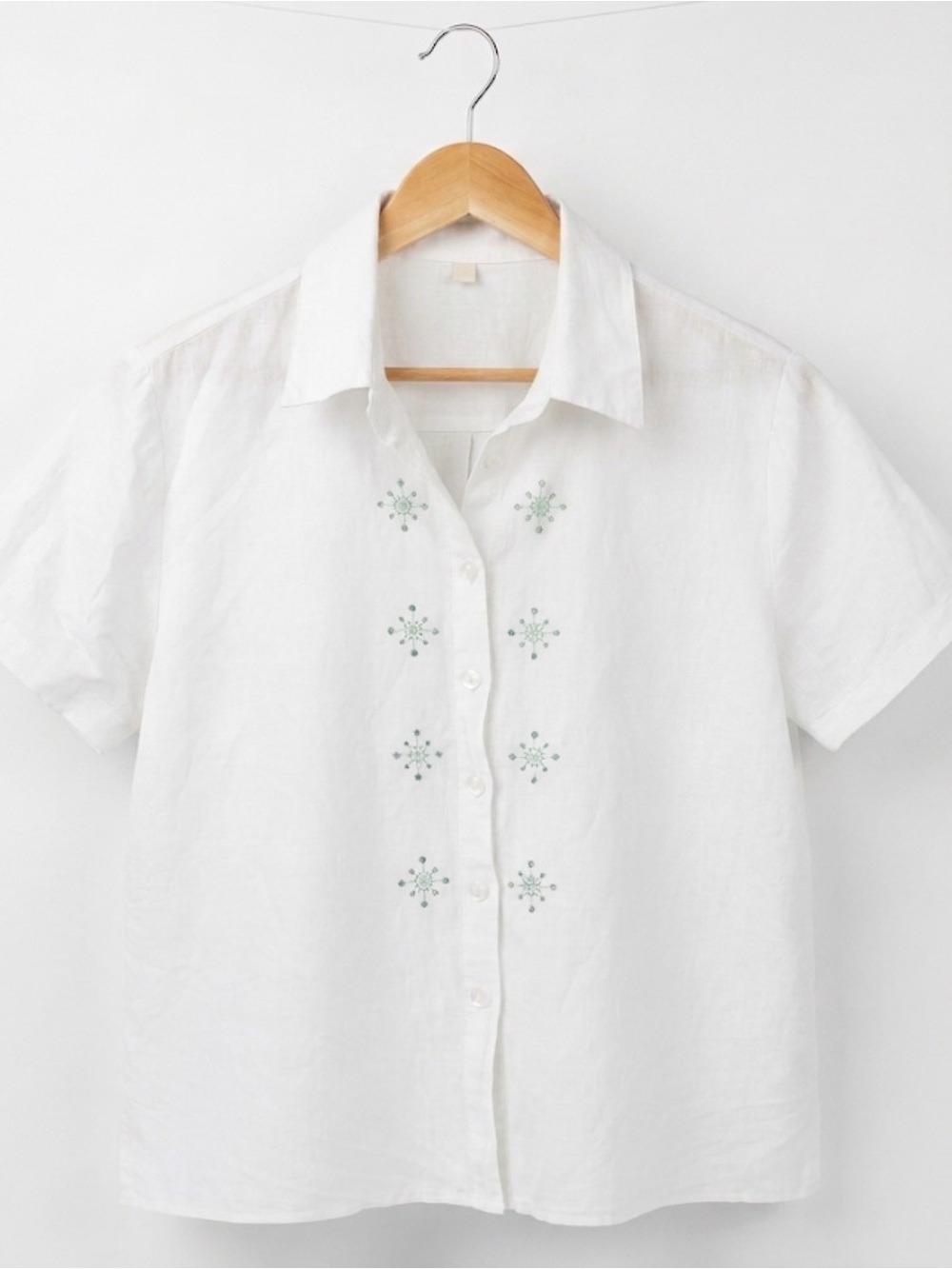 Vintage 100% Linen Short Sleeve Blouse Embroidered Atomic Starburst White L